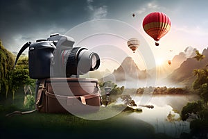 Photo camera on camera bag in the beautiful background with air balloons above mountain landscape. Traveling concept design banner