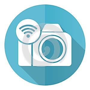 Photo camera, communication, wifi blue vector icon, flat design illustration in eps 10