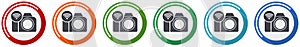 Photo camera, communication, wifi icon set, flat design vector illustration in 6 colors options for webdesign and mobile