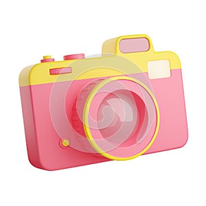 Photo camera 3d render illustration. Pink and yellow compact digital photocamera with lens and flash.