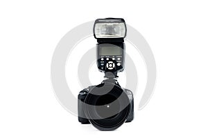 Photo camera and flash isolated on a white background. Copy space