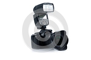 Photo camera and flash isolated on a white background. Copy space