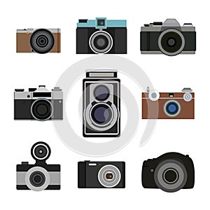 Photo camera flat icons set. Retro photography equipment. Cameras lens vector