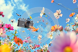 A photo camera floats in the air over a flowers blooming in the summer field