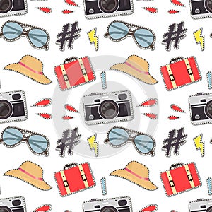 Photo camera hipster sticker background. Vector colorful seamless pattern with cute retro cameras.