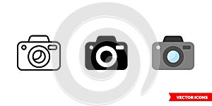Photo camera icon of 3 types color, black and white, outline. Isolated vector sign symbol
