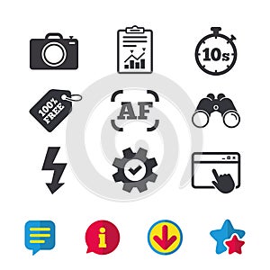 Photo camera icon. Flash light and autofocus AF. photo