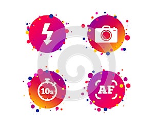 Photo camera icon. Flash light and autofocus AF. Vector