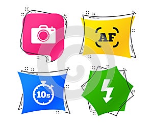 Photo camera icon. Flash light and autofocus AF. Vector