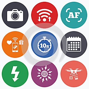 Photo camera icon. Flash light and autofocus AF. photo