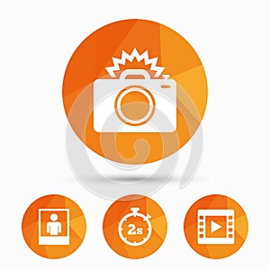Photo camera icon. Flash light and video frame.