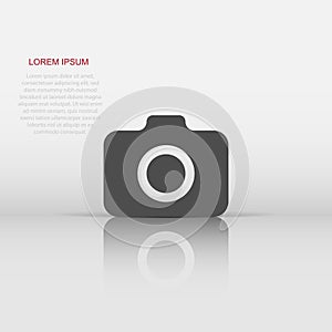 Photo camera icon in flat style. Photographer cam equipment vector illustration on white isolated background. Camera business