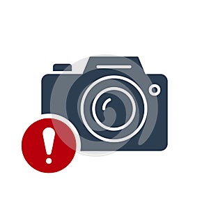 Photo camera icon, technology icon with exclamation mark. Photo camera icon and alert, error, alarm, danger symbol