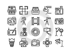 Photo camera icons. Line photography pictograms. Outline portrait studio photographic equipment with cam. Film frame