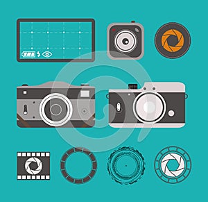 Photo camera icons set in flat style. Isolated graphic retro camera and lins style vector illustration.