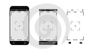 Photo camera interface in mobile. Phone with record video screen with zoom, focus grid. Selfie frame template in smartphone.