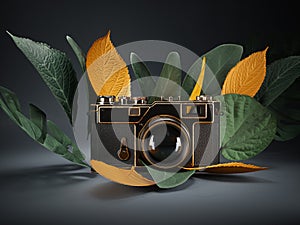 Photo camera with leaves. Creative concept for photographer portfolio web site.