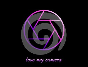 Photo camera lens isolated icon. Photography shutter for movie or video. Abstract optic purple design of diaphragm. Vector EPS 10