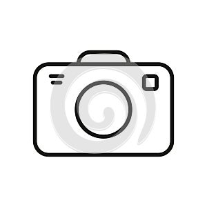 Photo Camera Line Icon. Photograph Flash Equipment Linear Pictogram. Photographic Optical Lens Outline Symbol. Video
