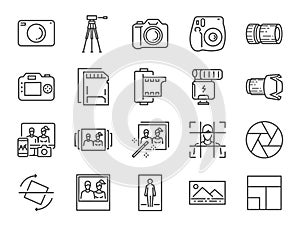 Photo and camera line icon set. Included icons as image, picture, gallery, album, polaroid and more.