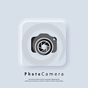 Photo camera logo. Camera with lens icon. Photography concept. Vector. Neumorphic UI UX white user interface web button.