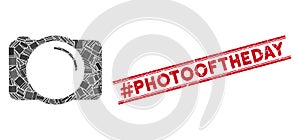 Photo Camera Mosaic and Grunge Hashtag Photooftheday Seal with Lines