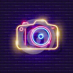 Photo camera neon sign. Vector illustration for design. Photo equipment. Photography concept