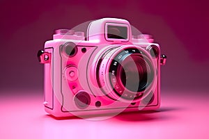 Photo camera, pink lighted camera on dark background