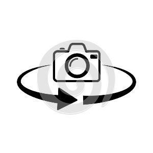 Photo camera rotation icon. 360 degree rotation. Vector camera icon.