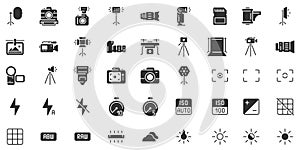 Photo camera silhouette icon. Photography cameras shutter speed, aperture and digital camera exposure black stencil