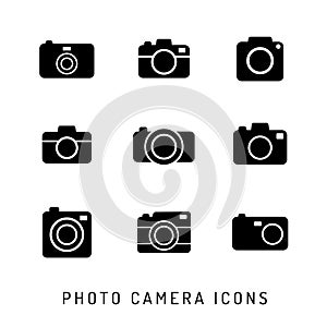 Photo camera silhouettes icon set. Black icons.