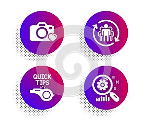 Photo camera, Teamwork and Tutorials icons set. Search statistics sign. Vector