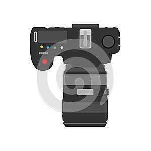 Photo camera top view vector background. Vintage digita; photography design icon object. Retro illustration concept isolated. Life photo