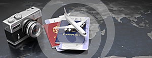 Vintage film photo camera and passports on earth map background. 3d illustration