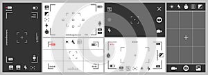 Photo camera viewfinder. Video recording, smartphone photography app ui and adjustment focus frame. Exposure settings