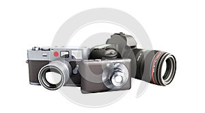 Photo cameras of different classes 3d render on white no shadow