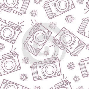 Photo cameras seamless pattern. Hand-drawn background