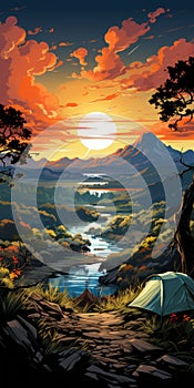 Retromer Camping Poster: Japanese-style Sunset Landscape Wallpaper photo
