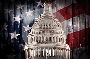 Photo of the Capitol of the United States with a rustic American Flag