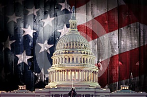 Photo of the Capitol of the United States with a rustic American Flag