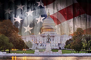 Photo of the Capitol of the United States with a rustic American Flag