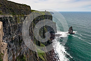 Photo capture of a breathtaking natural nature landscape. Cliffs of moher with O`brien`s tower, wild atlantic way. Ireland. Euro