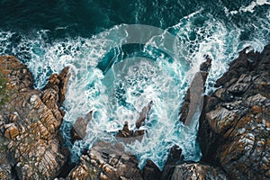 This photo captures an aerial view of the ocean and rocks, highlighting their natural beauty and dynamic interaction, Aerial