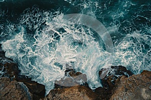 This photo captures an aerial view of the ocean, showcasing the rugged beauty of the rocks beneath the surface, Artistic