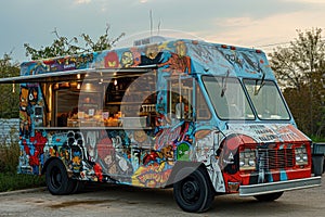 This photo captures a colorful food truck parked amidst a bustling parking lot, ready to serve mouthwatering food, A food truck