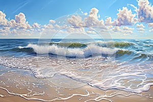 This photo captures a dynamic painting depicting a powerful wave crashing onto the shoreline, An idyllic painting of gentle ocean