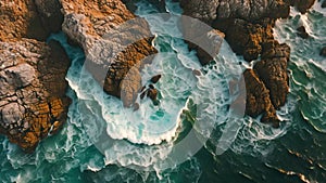 This photo captures an expansive view of the ocean with rugged rocks jutting out along the coastline, Aerial sight of sea waves