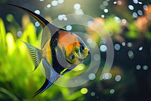 This photo captures a fish gracefully swimming in its watery environment, showcasing its natural behavior, A freshwater angelfish