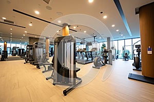 This photo captures a fully equipped gym, showcasing a variety of exercise equipment for a complete workout, A modern gym with