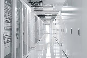 This photo captures a long hallway filled with neatly arranged rows of white servers, Artistic representation of a pristine white